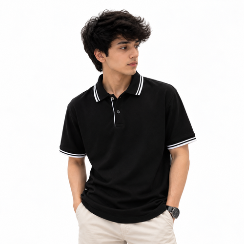 Cotton Polo T-Shirt with Contrast Stripe Collar & Cuffs