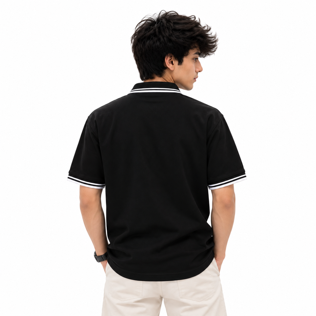 Cotton Polo T-Shirt with Contrast Stripe Collar & Cuffs