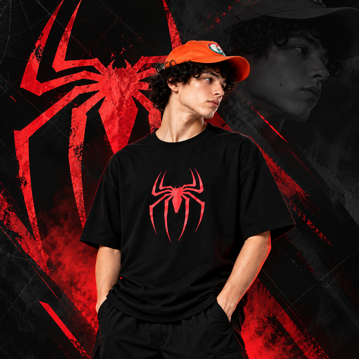 Men’s Black Cotton T-Shirt with Red Spider Graphic