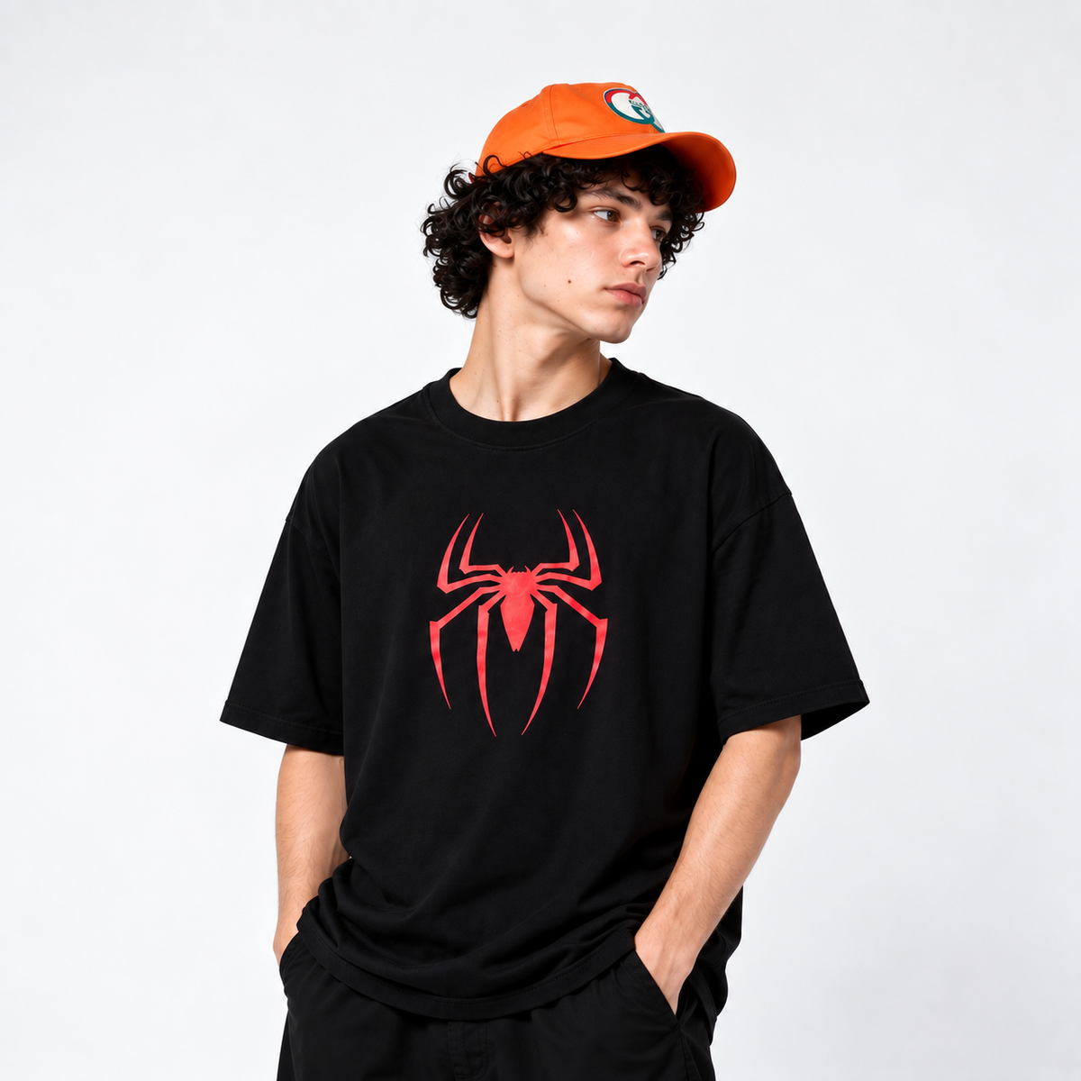 Men’s Black Cotton T-Shirt with Red Spider Graphic