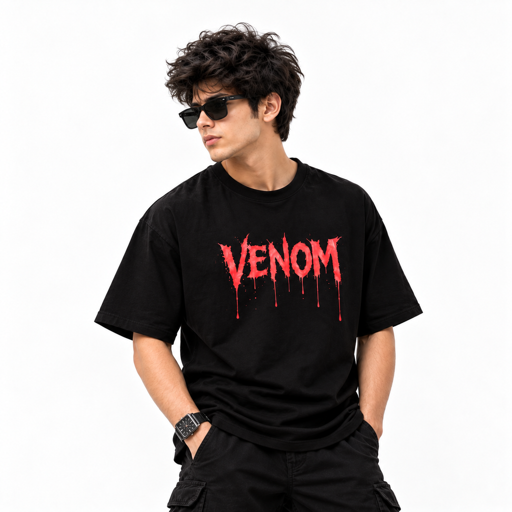 Men’s Black Cotton Graphic T-Shirt with Red Drip Print
