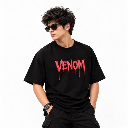 Men’s Black Cotton Graphic T-Shirt with Red Drip Print