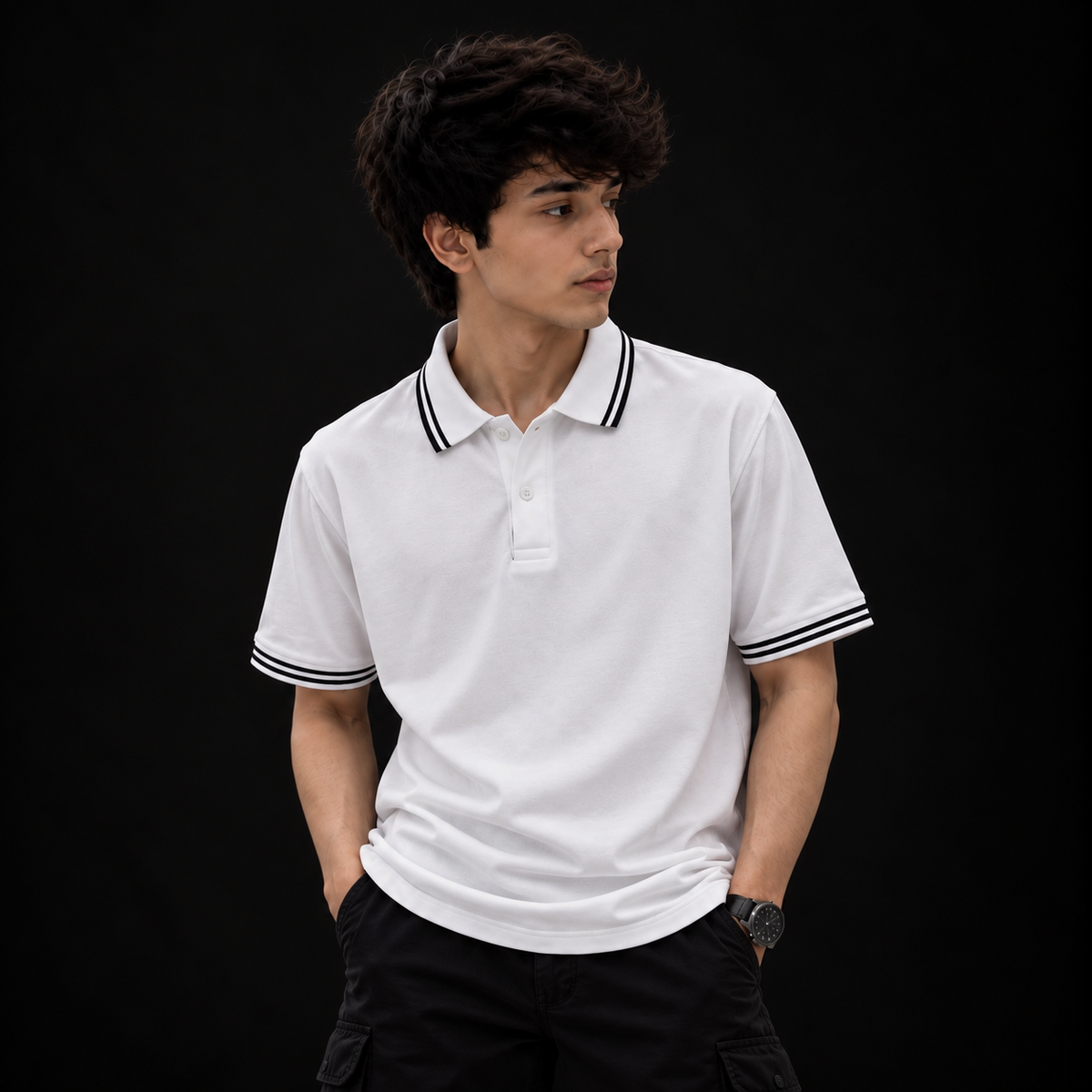 Cotton Polo T-Shirt with Contrast Stripe Collar & Cuffs