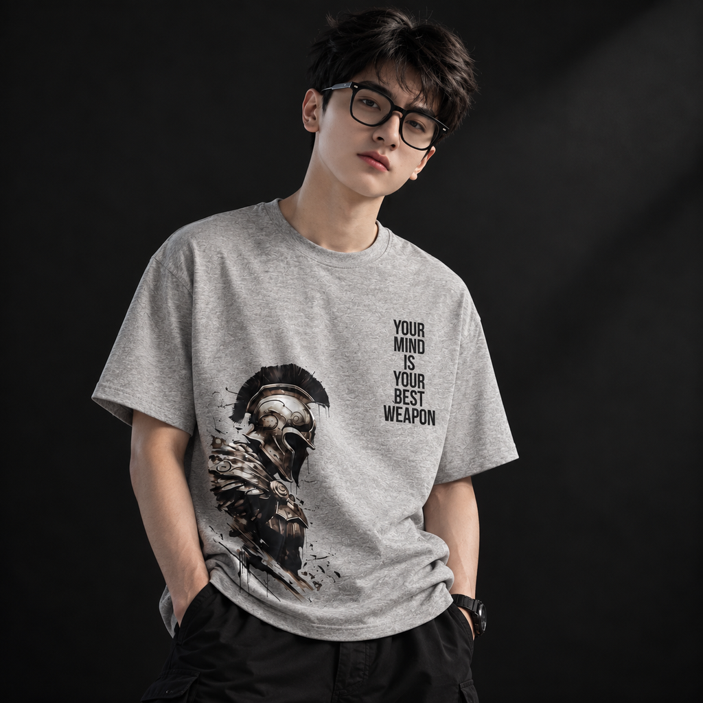 Men’s Light Grey Cotton Warrior Graphic T-Shirt