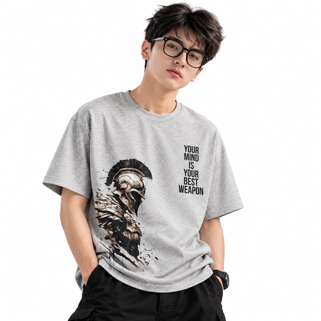 Men’s Light Grey Cotton Warrior Graphic T-Shirt